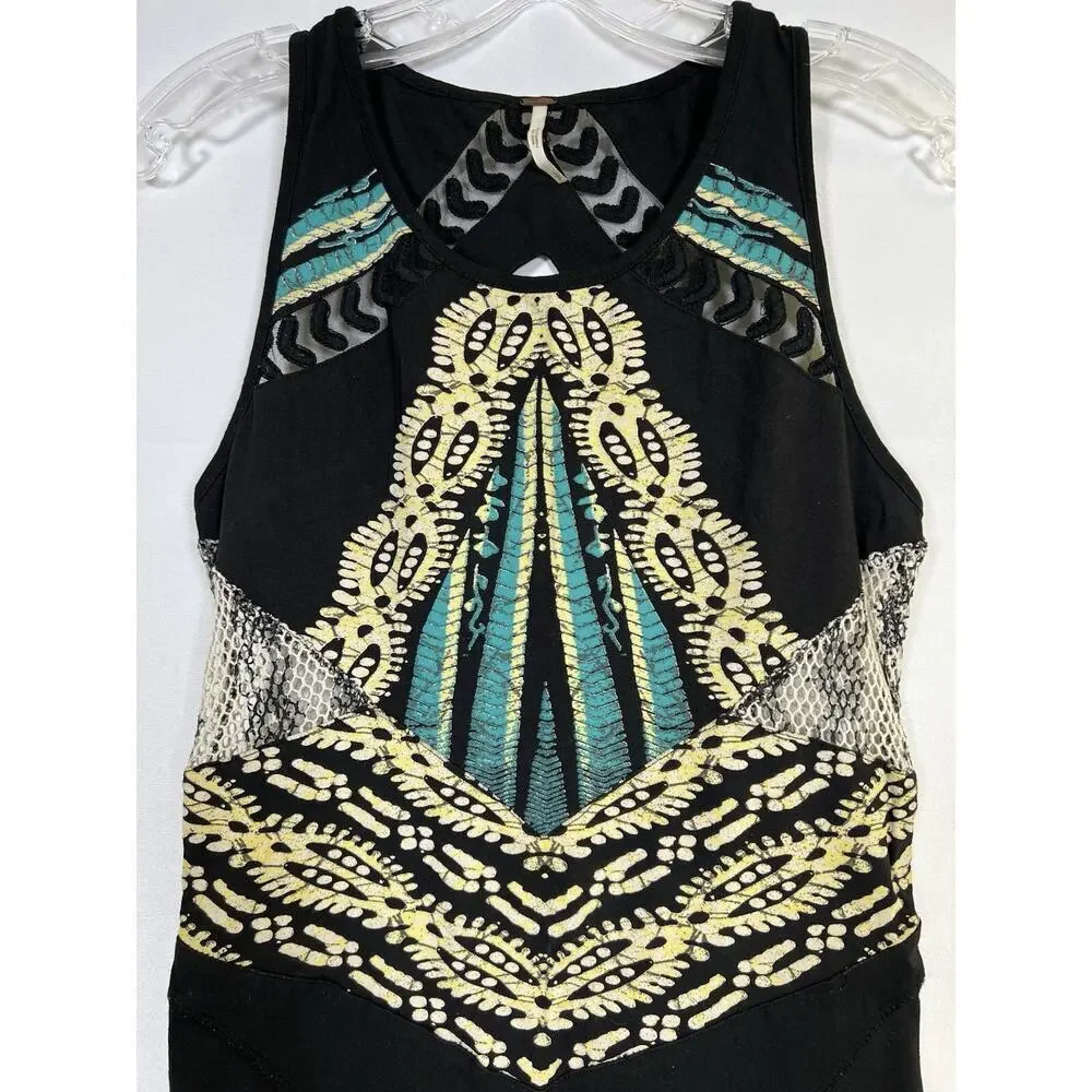 VTG Y2K Free People Short Fitted Stretch Cotton Dress Size S Black Boho‎ Aztec